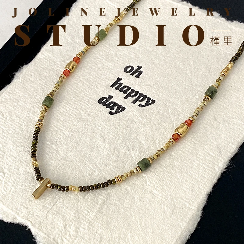 槿里  「绿光」复古新中式颈链女波西米亚串珠中古锁骨链