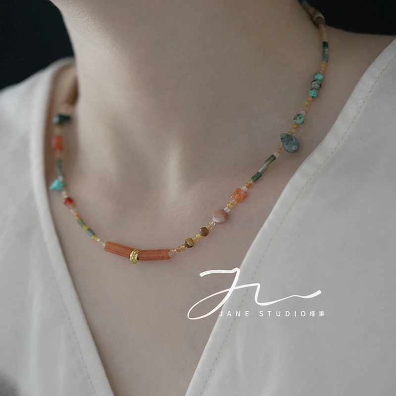 槿里 钛钢项链 「蜜橘」法式小众设计彩色串珠叠戴项链民族风锁骨链