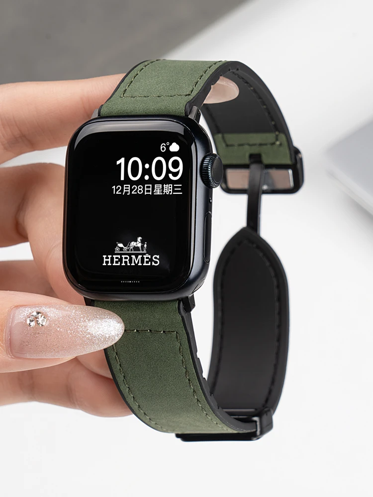 适用iwatch8苹果S9手表applewatch9表带S8皮质S7真皮女磁吸S6皮