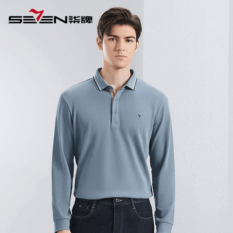 【索罗纳】柒牌华夫格长袖polo衫男商务休闲翻领上衣126T73030
