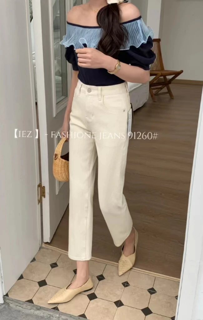 iez#91260#四面弹春秋款 高腰小直筒九分法棍烟管裤 显瘦牛仔裤