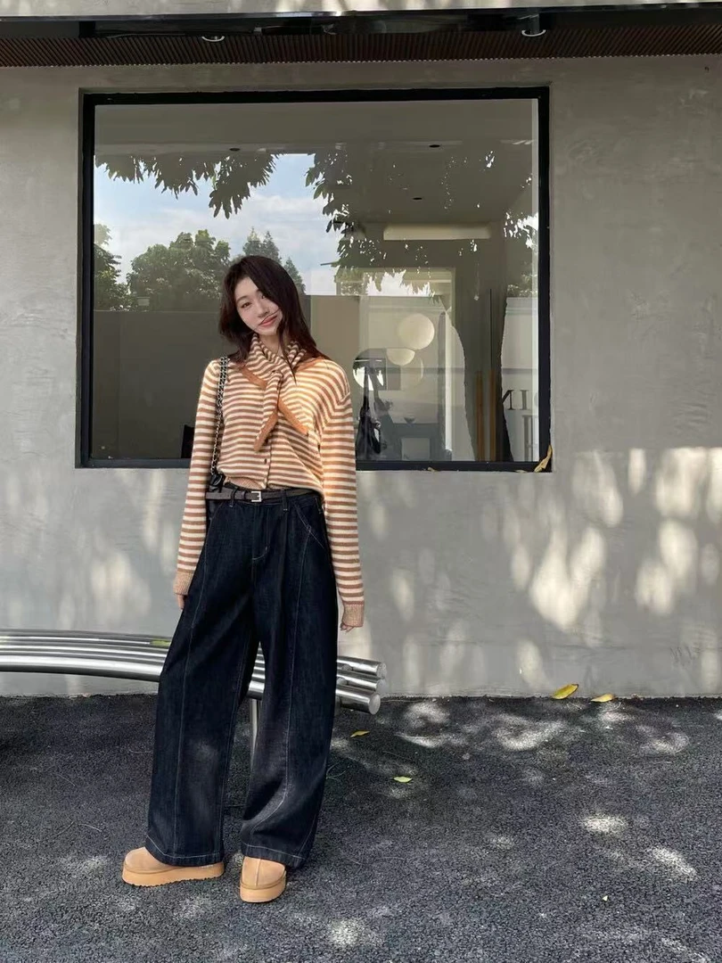 66316#韩版 无弹德绒款 高腰直筒裤 休闲牛仔裤女