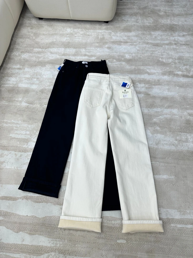 xoxo#33822#冬季加厚加绒黑色 韩版高腰窄版直筒牛仔裤