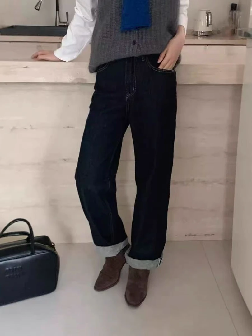 2883#剪标 抓绒款 韩版高腰直筒男友裤 牛仔裤女