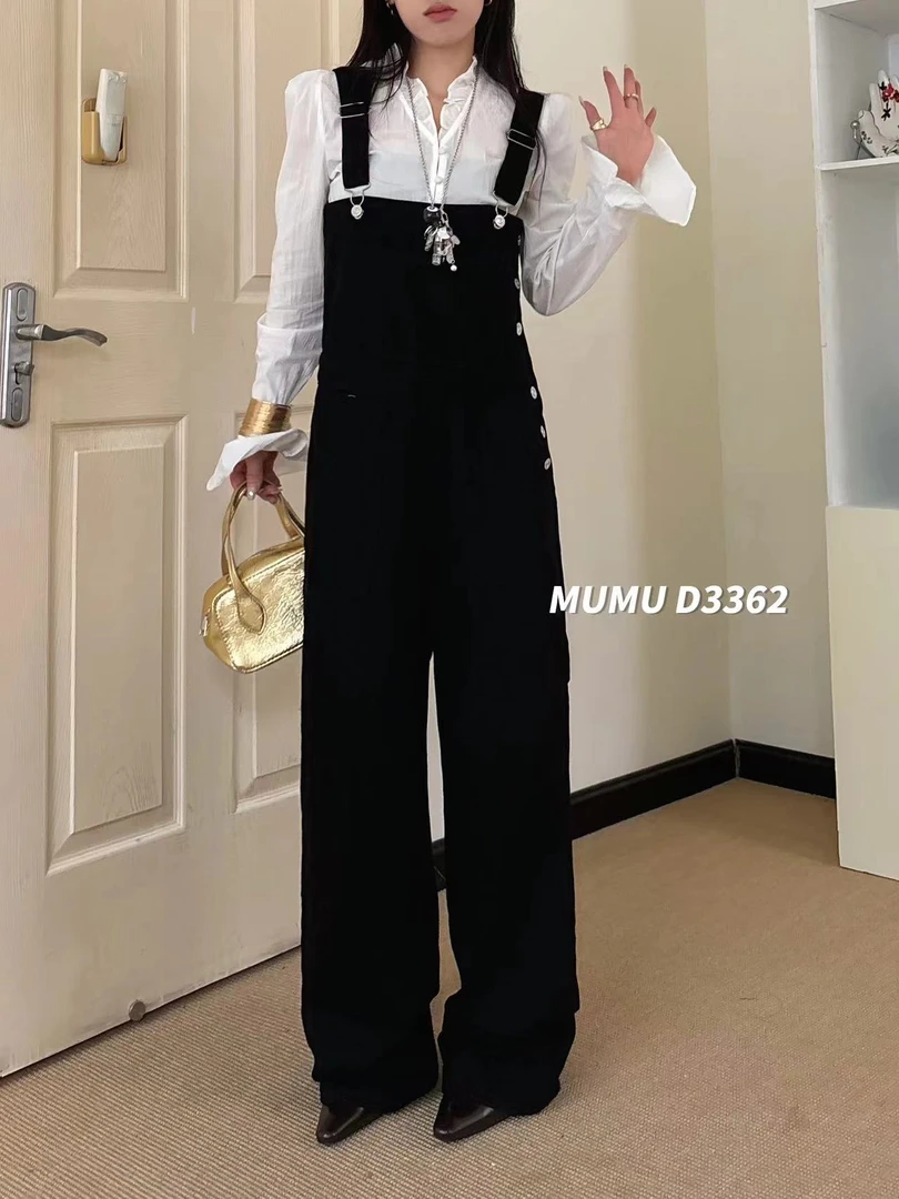 D3362#秋款 黑色 无弹 直筒背带裤 牛仔裤女