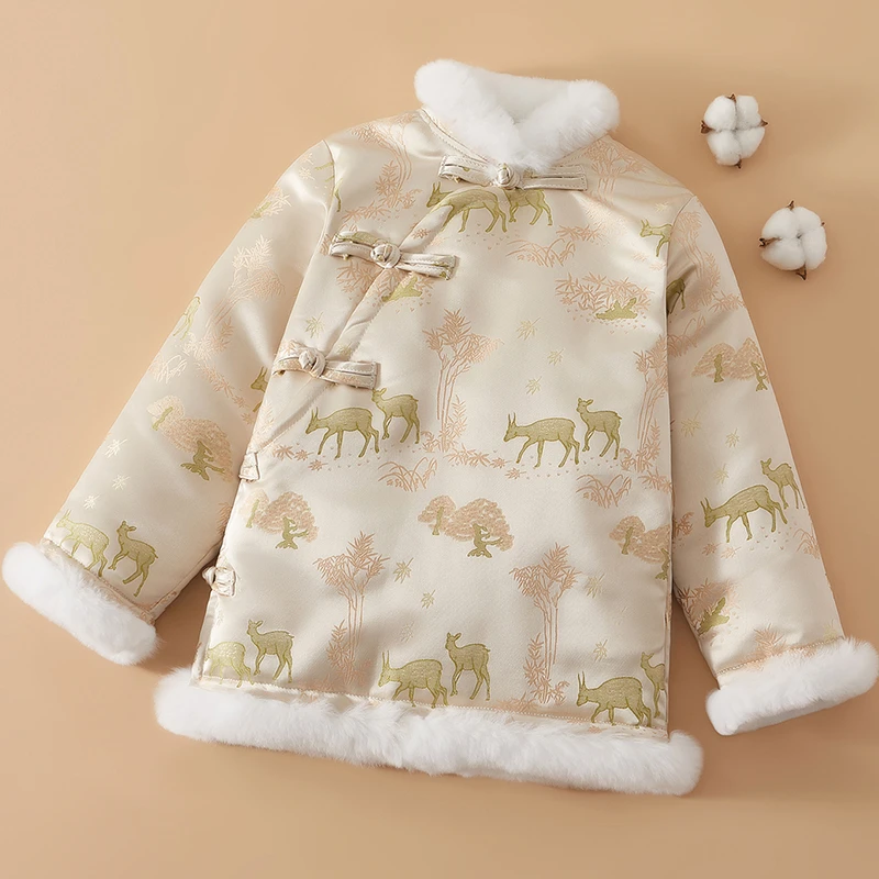 中大童棉花棉袄中国风斜襟毛领加厚保暖棉服国潮女童唐装棉花衣