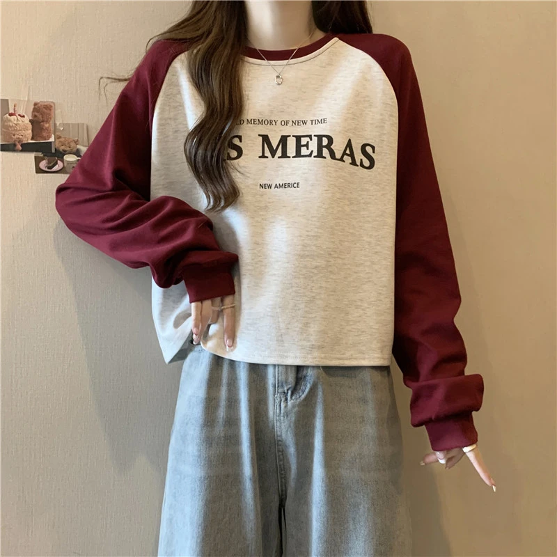 ins超火短款卫衣女春秋薄款2024新款韩版宽松撞色长袖洋气上衣女