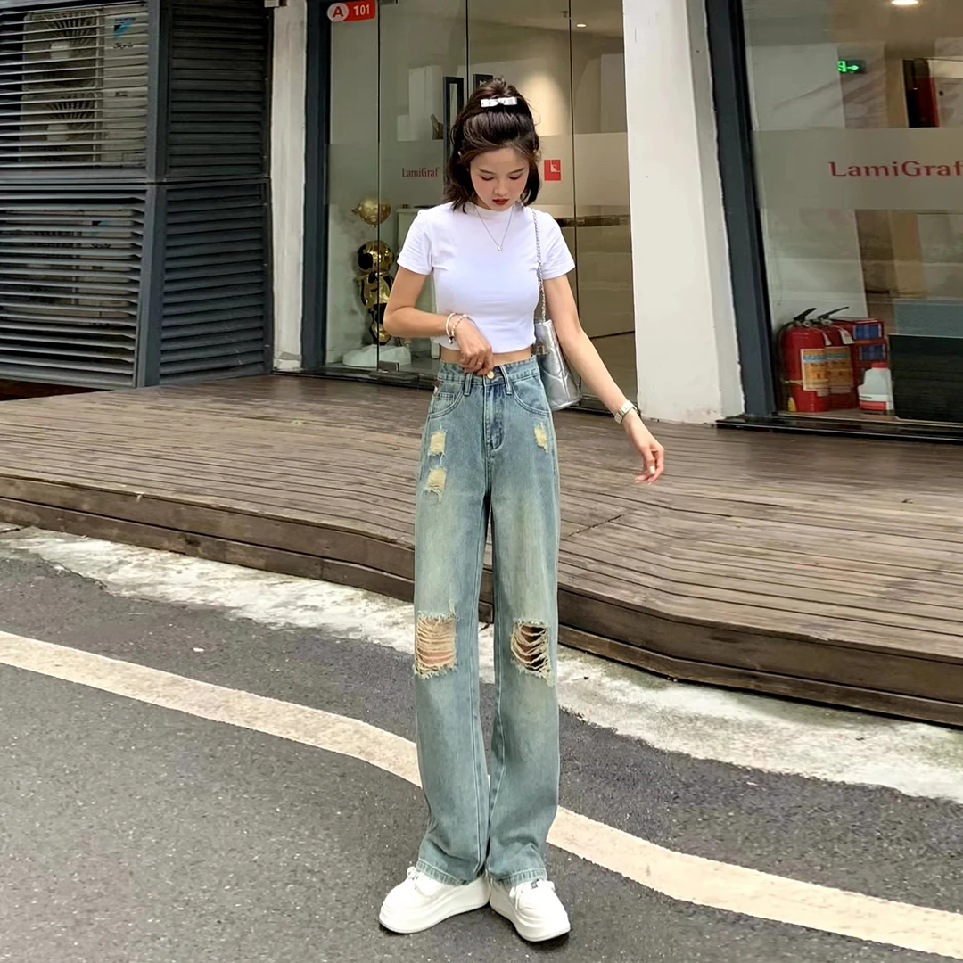 【送腰带】显瘦百搭破洞牛仔裤女夏季新款高腰复古蓝直筒裤阔腿裤