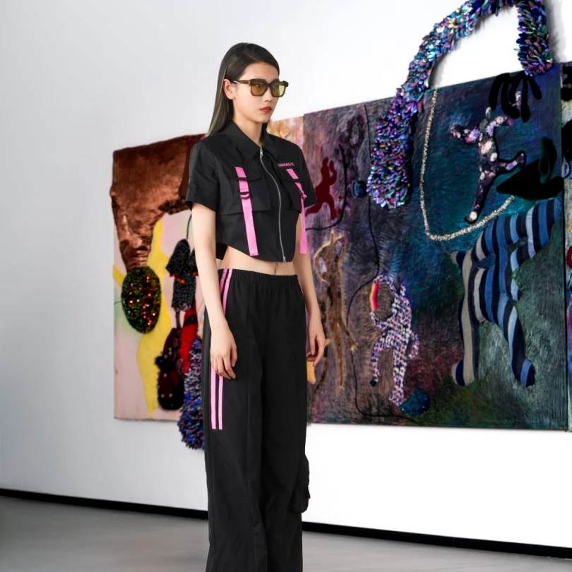 UX显瘦夏季新款粉色织带装饰衬衫女款休闲少女黑色