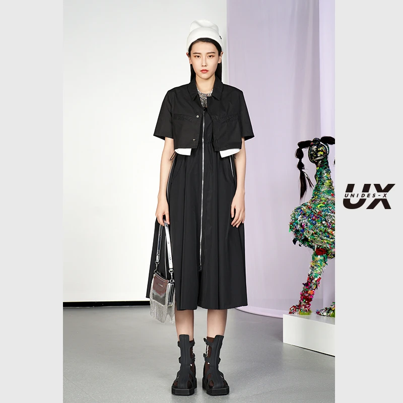 UX2025夏季新款黑色截短衬衫小众休闲时尚设计感气质甜酷女士短衫
