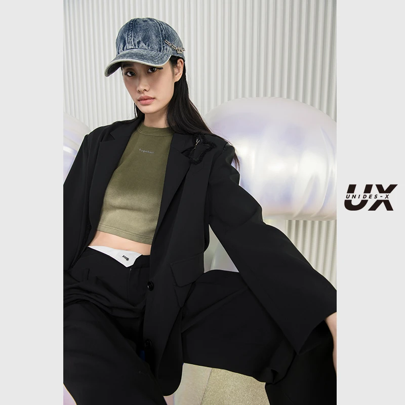 UX 2025新款 黑色宽松西装外套女 时尚通勤百搭休闲上衣