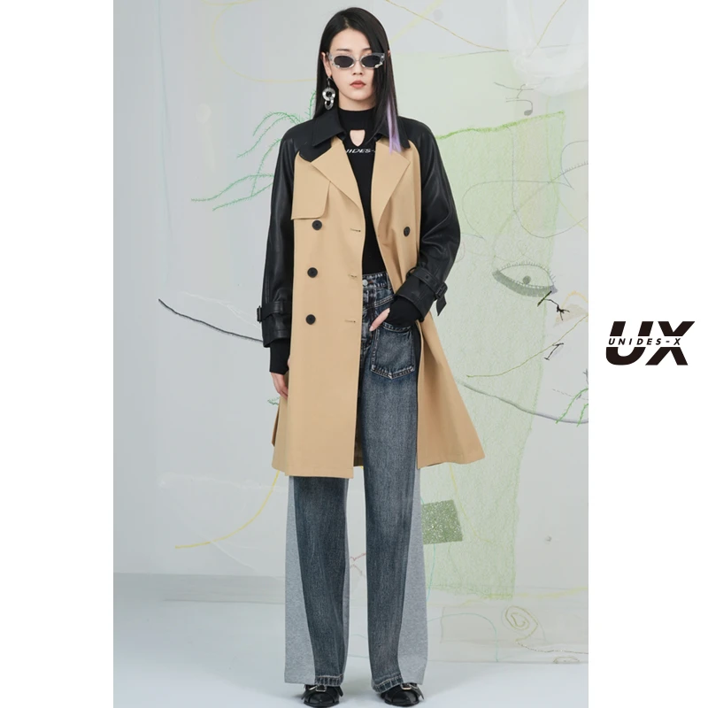 UX新款皮拼接风衣女中长款宽松设计感街头百搭外套