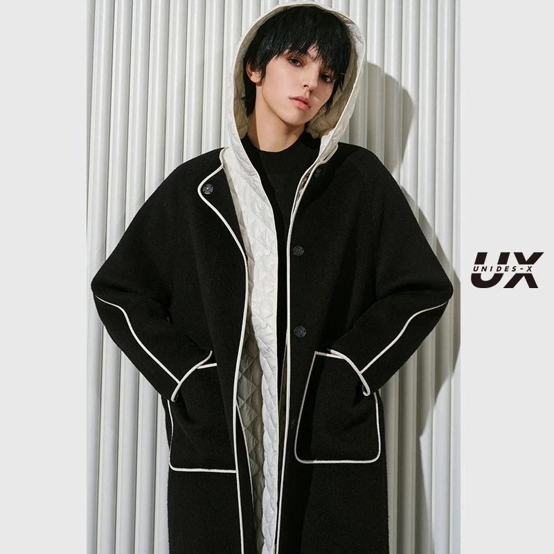 【贝贝专属】UX冬季新款 黑色两件套毛呢大衣女中长款 时尚通勤外套