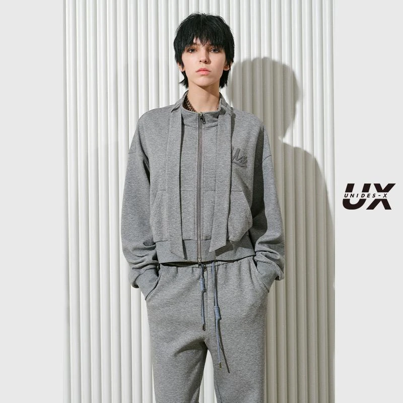UX 2024冬季新款 灰色领带立领卫衣女 时尚通勤上衣 百搭单品