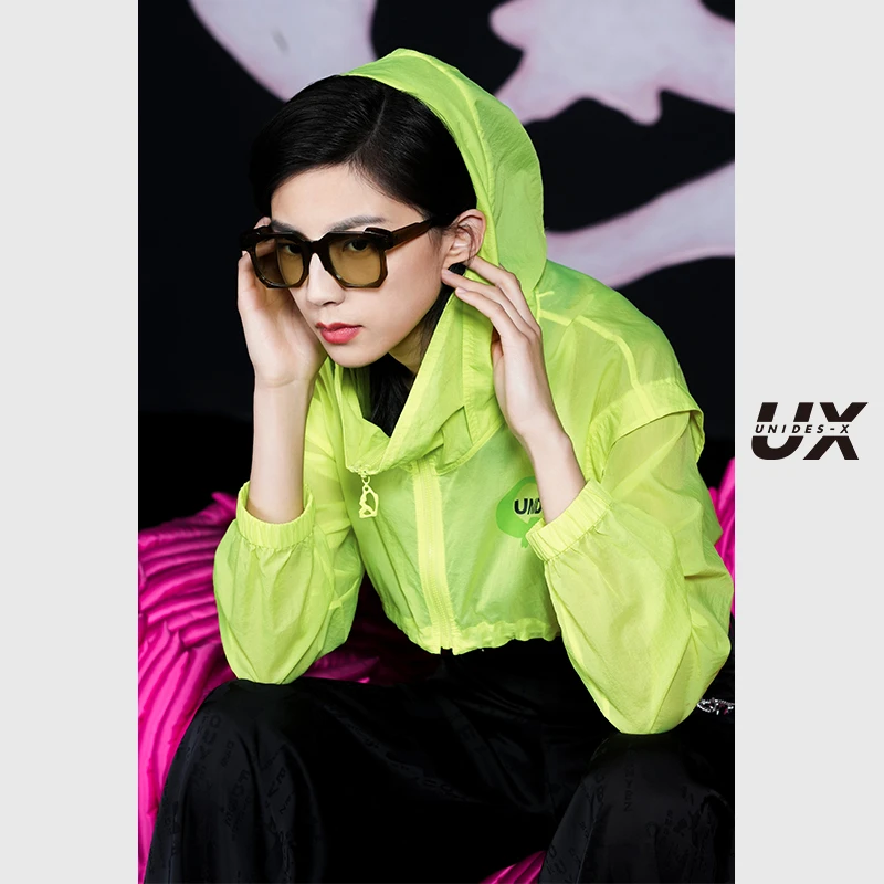 UNIDES-X2025夏季新款艺术联名截短衬衫女士黄绿色防晒短上衣