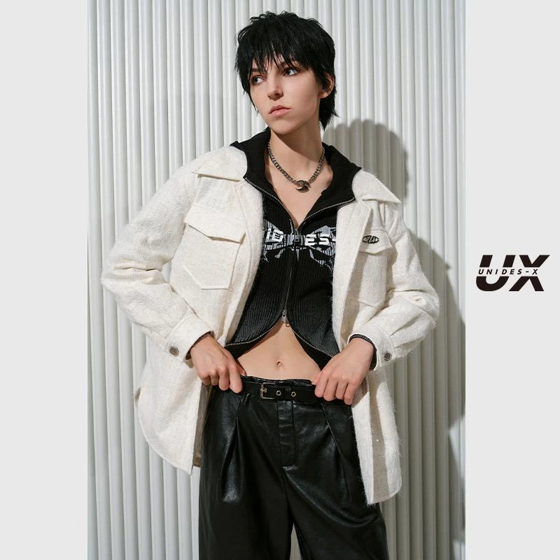 UX冬季新款白色翻领小香风外套女时尚气质通勤百搭上衣