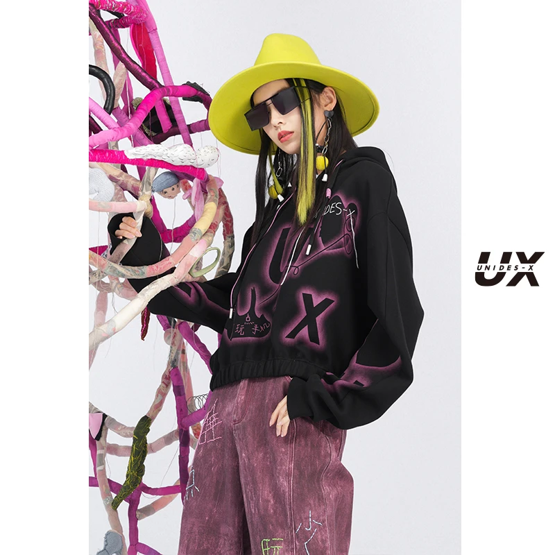UX新款艺术联名黑色休闲刺绣早点睡觉连帽卫衣情侣印花潮流