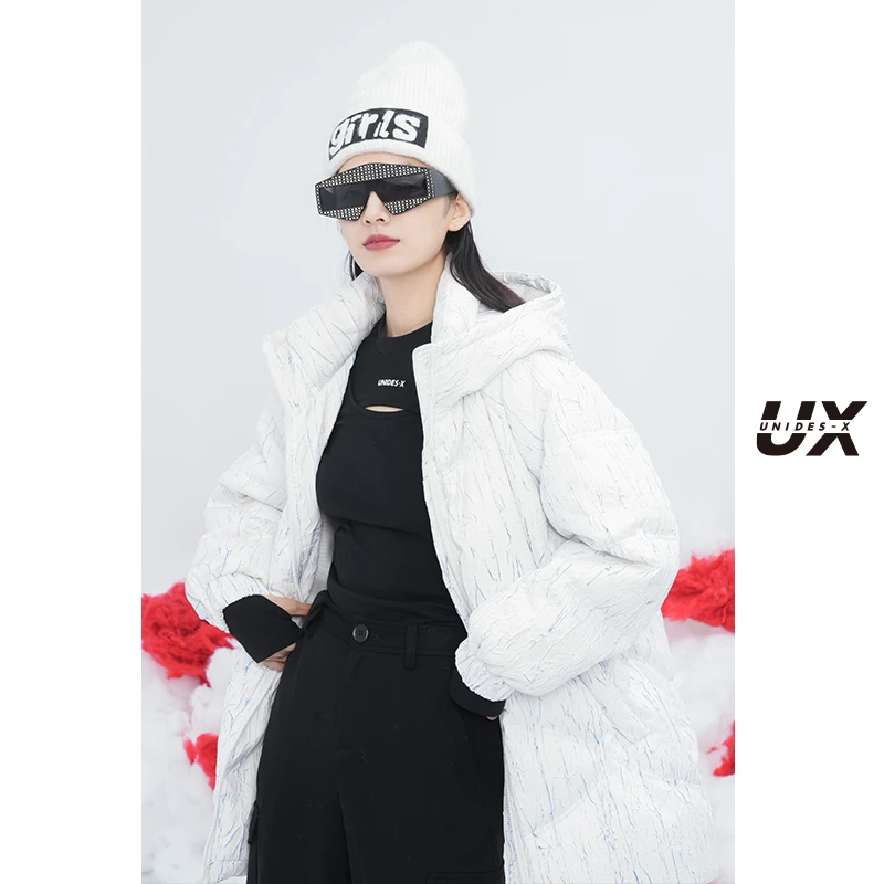 UX冬新款树皮纹面料中长款羽绒服白色加厚保暖鸭绒外套