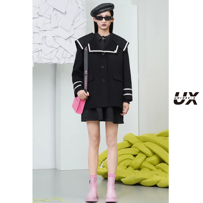 黑色学院风双面呢外套女UX冬季新款中长款休闲温柔系呢子大衣