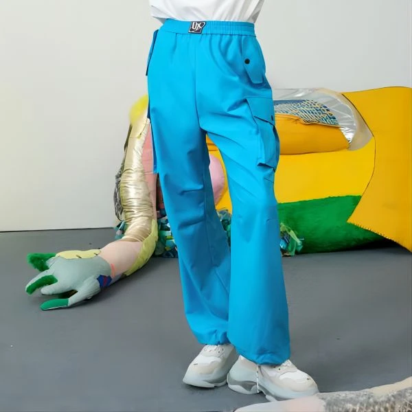 UX夏季新款蓝色休闲工装裤女抽绳直筒裤