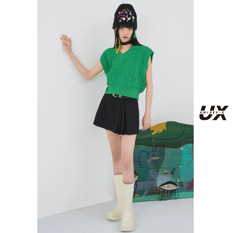 UX新款黑色双腰头百褶裙女短款街头百搭高级感短裙