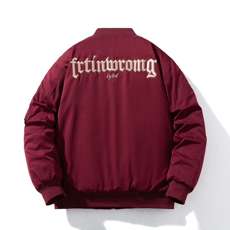 春秋冬酒红色刺绣加厚棒球服棉服男女情侣装潮牌宽松飞行夹克棉衣