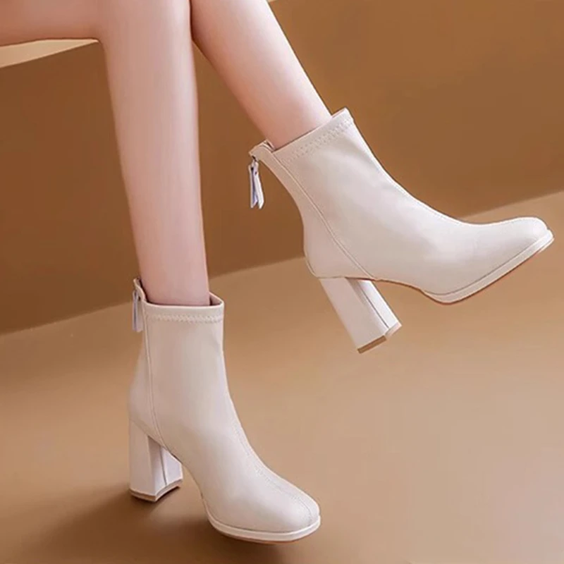 回力瑞高跟鞋女白色短靴2023新款冬季加绒粗跟瘦瘦靴小踝靴马丁靴