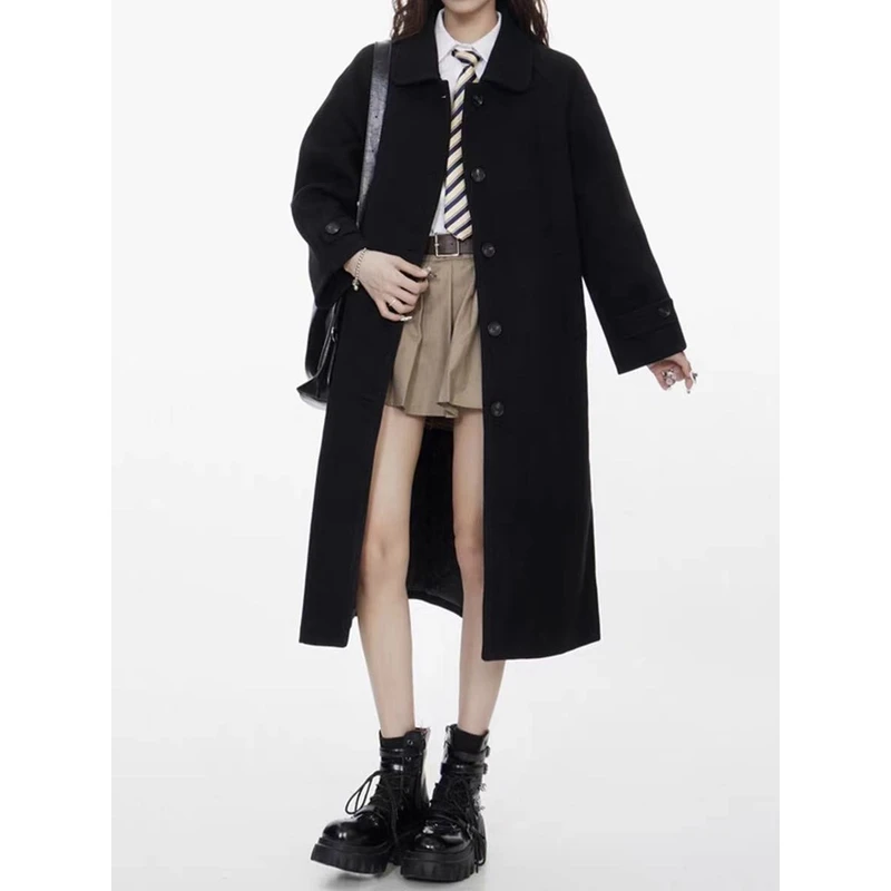 赫本风黑色毛呢外套女冬季新款韩系小个子休闲慵懒风毛呢外套