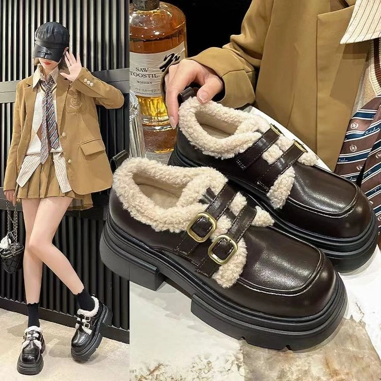 小皮鞋女2023新款秋冬季百搭休闲加绒鞋子毛毛鞋英伦风厚底乐福鞋