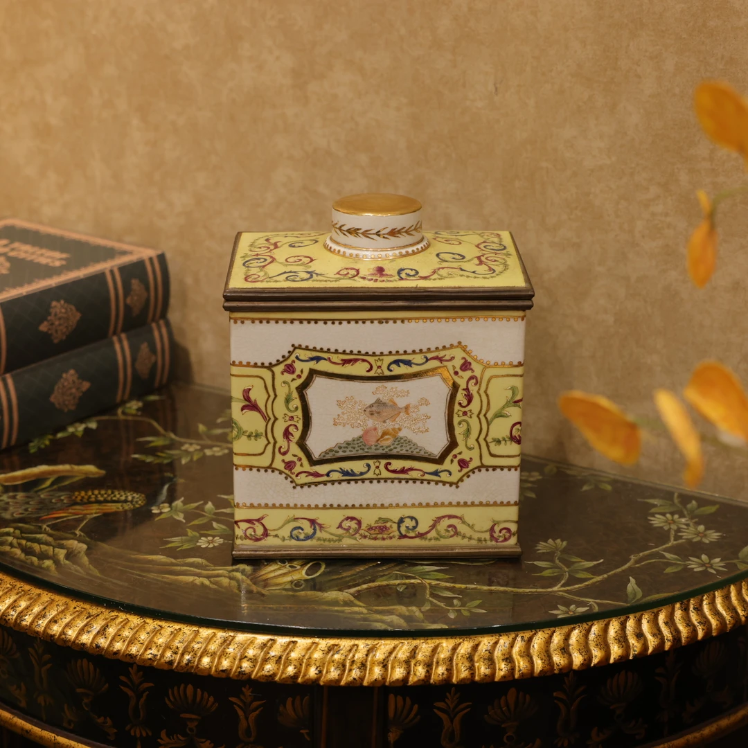 知潇家居/复古正方形黄白盖盒/收拾收纳盒/桌面收纳摆件/玄关装饰