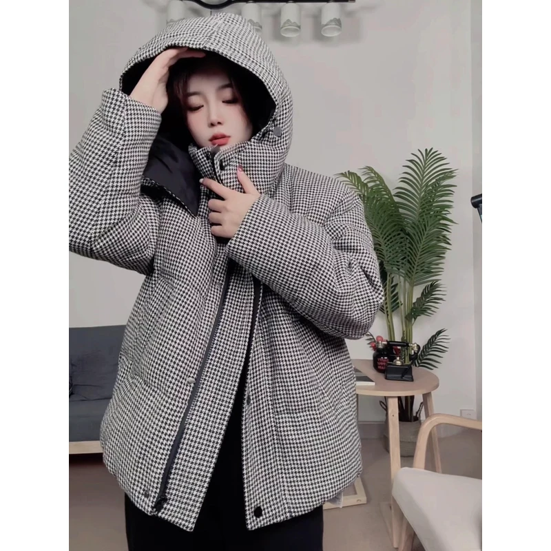 极寒系列冬季90白鹅绒亚麻千鸟格羽绒服女百搭短款连帽鹅绒服132