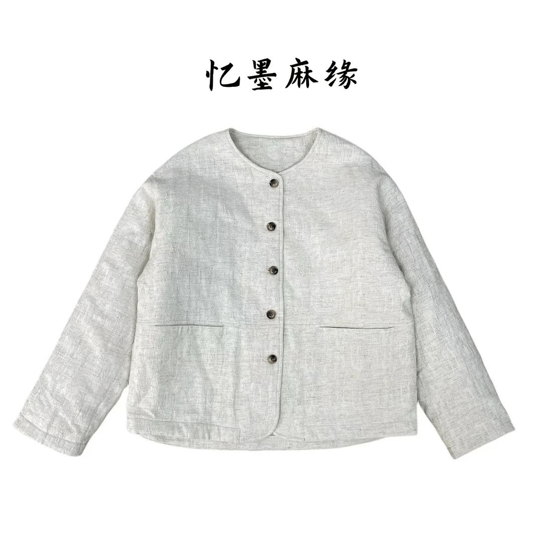 【霜】2024秋冬亚麻压花绗棉文艺复古薄棉衣宽松显瘦圆领外套WH-129