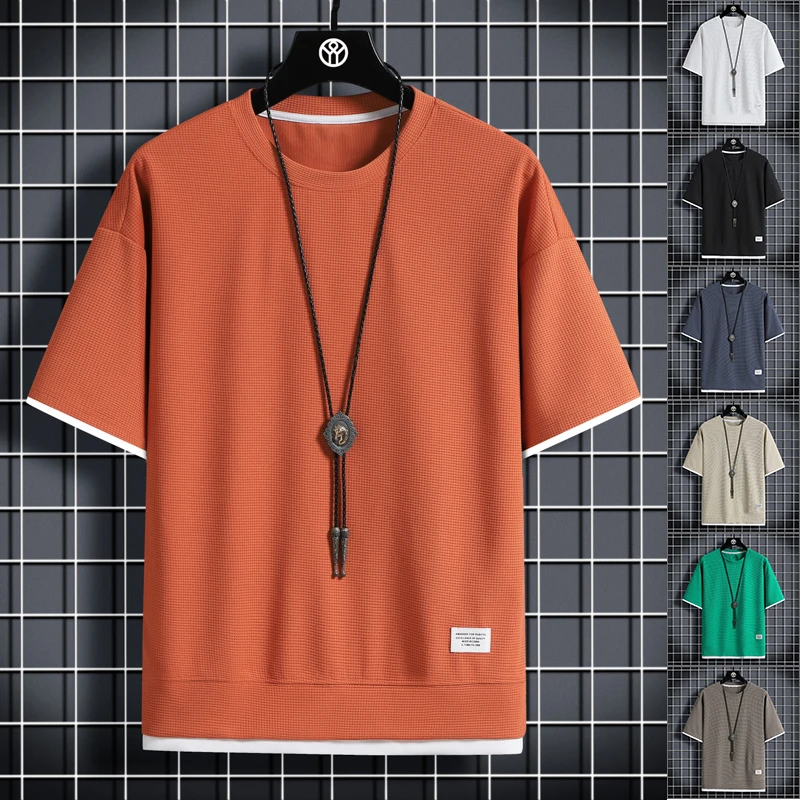 华夫格短袖夏季男士假两件休闲宽松体恤半袖冰丝薄款圆领潮牌衣服