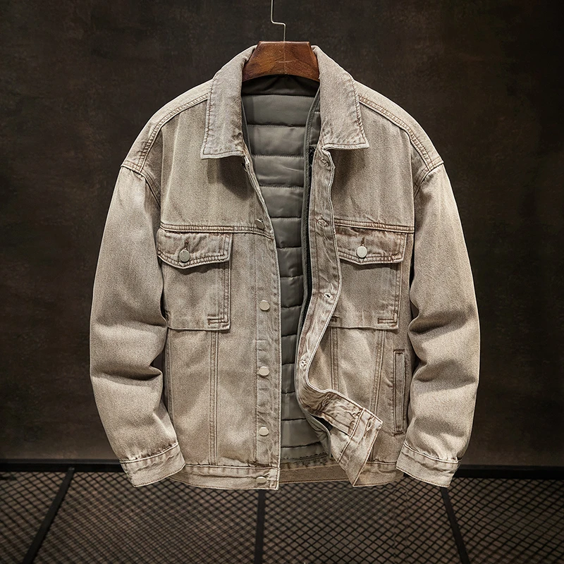 冬季加绒牛仔外套男潮流百搭可拆内胆牛仔棉衣宽松洗水夹克硬汉风