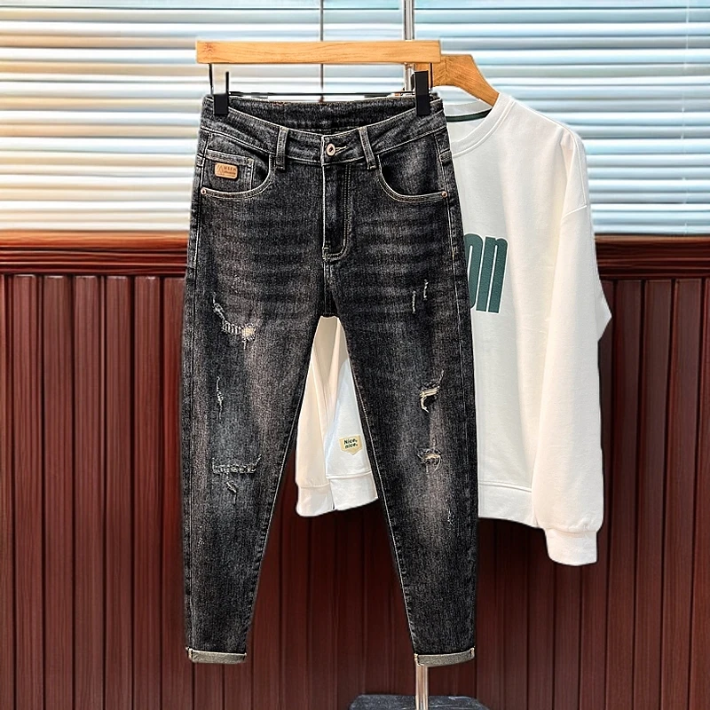 小脚牛仔裤男款时尚百搭裤子秋冬男土休闲潮流破洞弹力水洗长裤