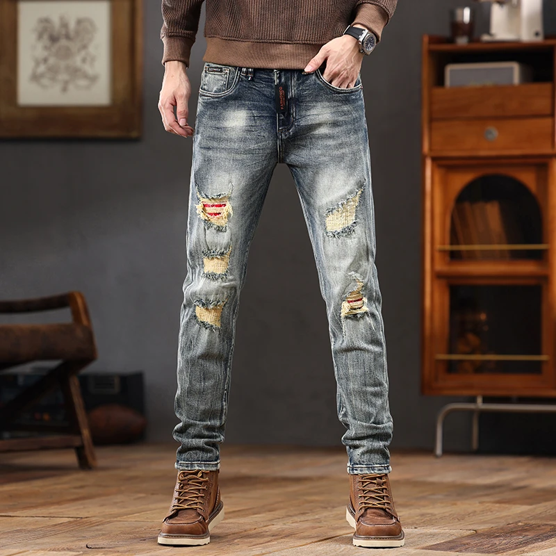 2024秋冬新款复古潮牌破洞宽松百搭休闲直筒牛仔裤男士修身小脚裤