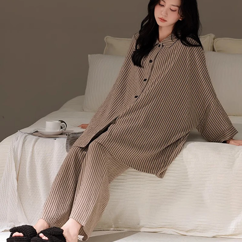 艾唯绅睡衣女士2024春夏宽松条纹爆款九分袖小众长款家居服可外穿