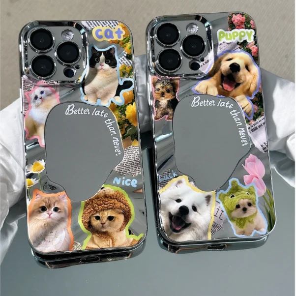 电镀波纹镜子镜面适用苹果手机壳iPhone14华为MATE50/60小狗猫咪