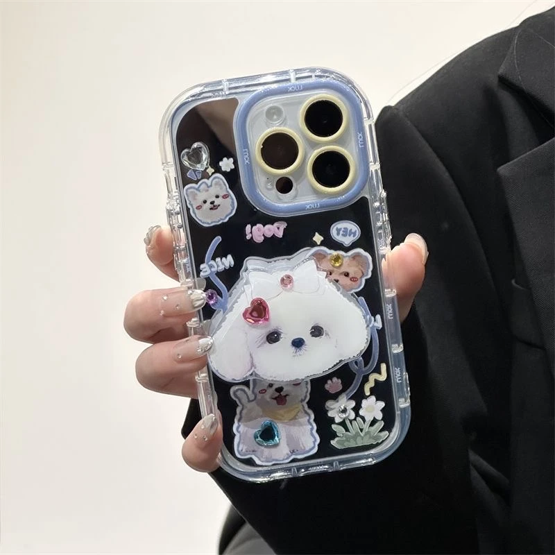 可爱泰迪修狗支架奶油镜面手机壳适用苹果/华为/OPPO/vivo/小米