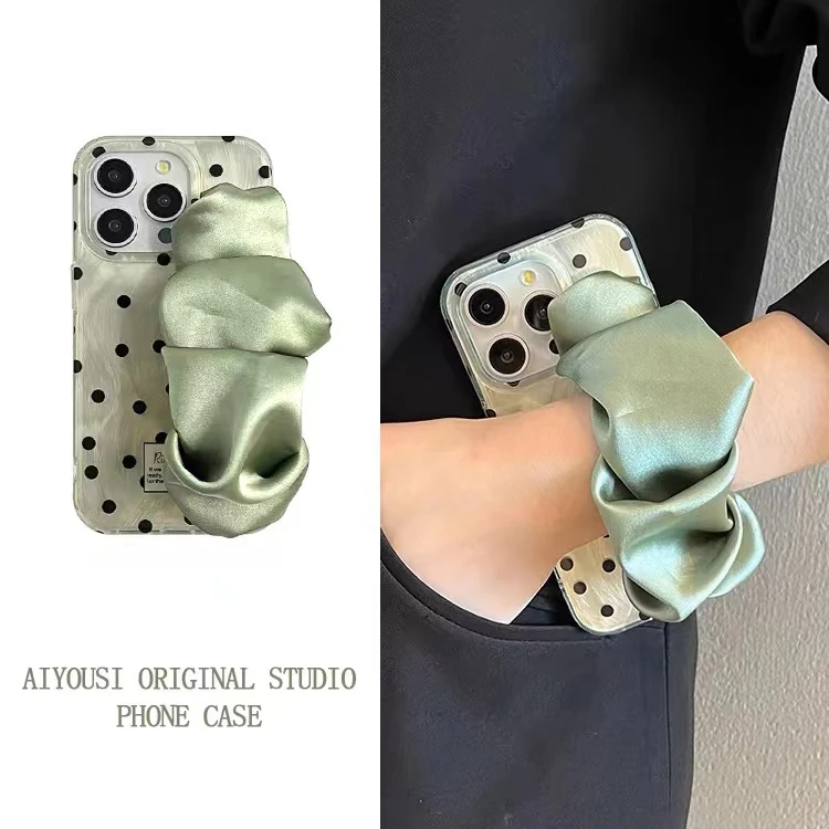 韩系羽纱绿色波点丝巾腕带适用苹果/华为/OPPO/VIVO小米小众