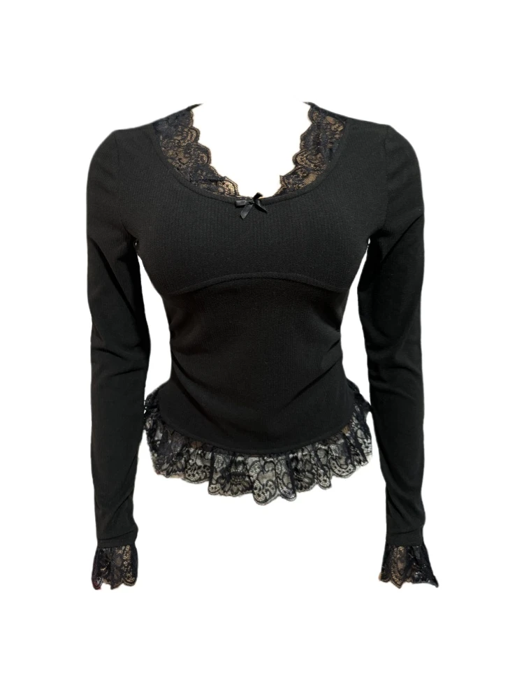 大码胖mm纯欲性感蕾丝拼接长袖针织衫女秋冬修身显瘦内搭辣妹上衣