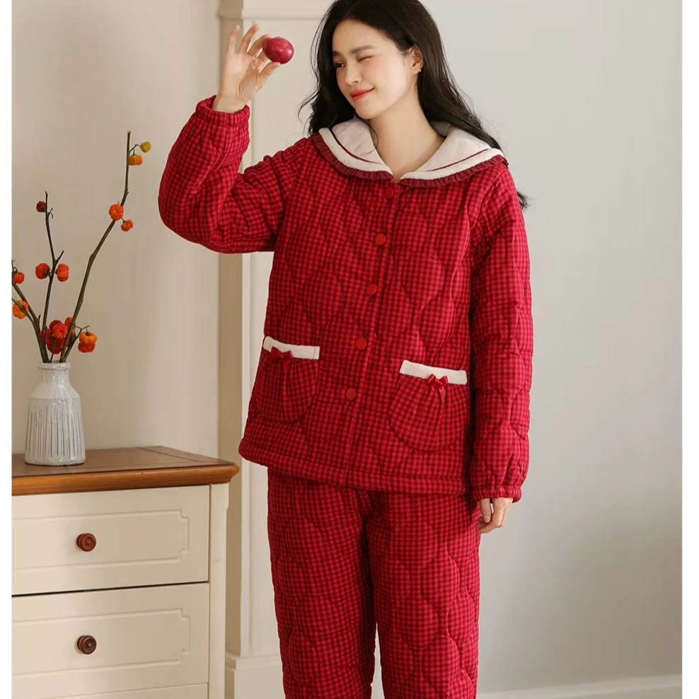 2024新款梭织磨毛格子澳毛绒冬女士甜美时尚保暖外穿家居服
