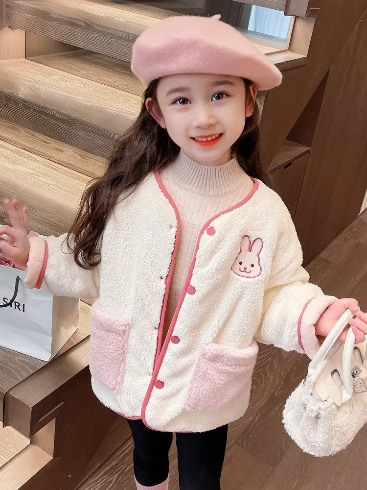 儿童两面穿兔子棉服冬男女童时尚加厚开衫保暖圆领夹棉加绒外套