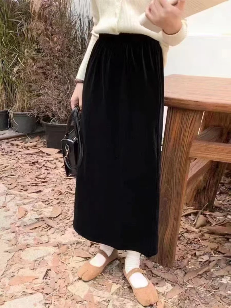 黑色金丝绒鱼尾半身裙女秋冬高腰a字包臀裙小个子中长款百褶半裙