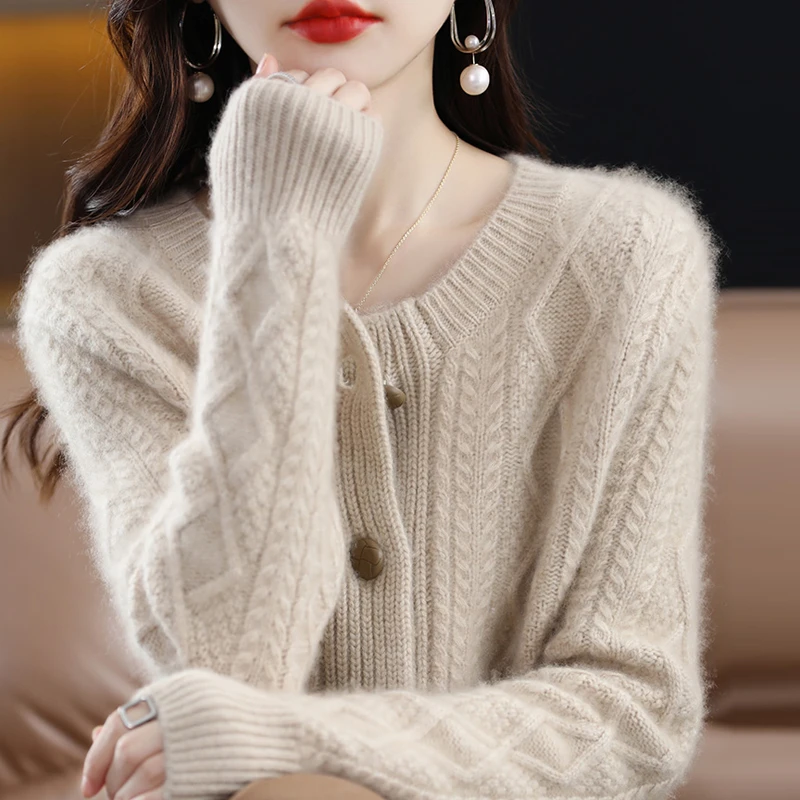 2024新3股加厚圆领开衫女外套羊毛衫针织上衣打底毛衣女宽松