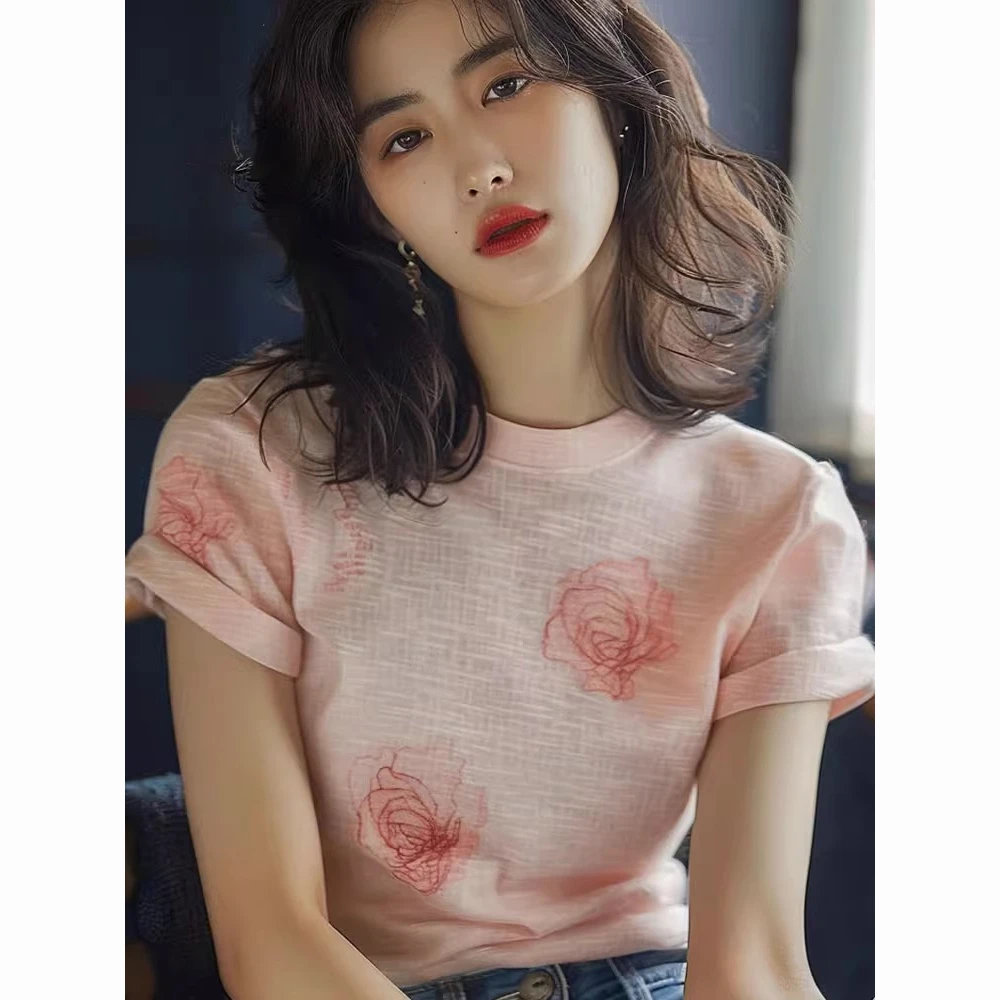 【现货闪发】独特别致短袖t恤2026设计感粉色花朵印花正肩tee优雅