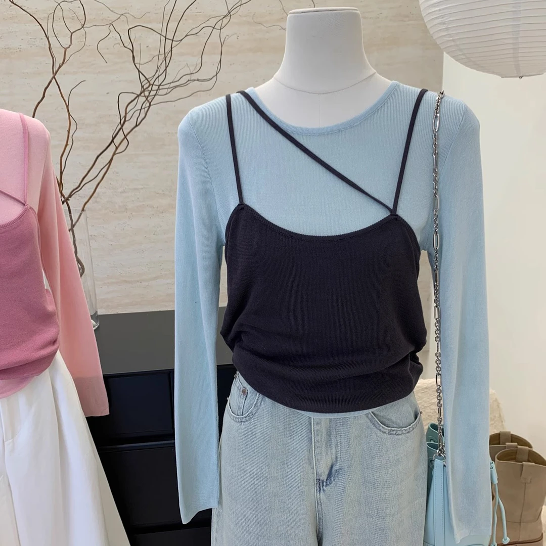 【现货闪发】春季韩系针织衫吊带假两件套装洋气叠穿上衣针织假两件