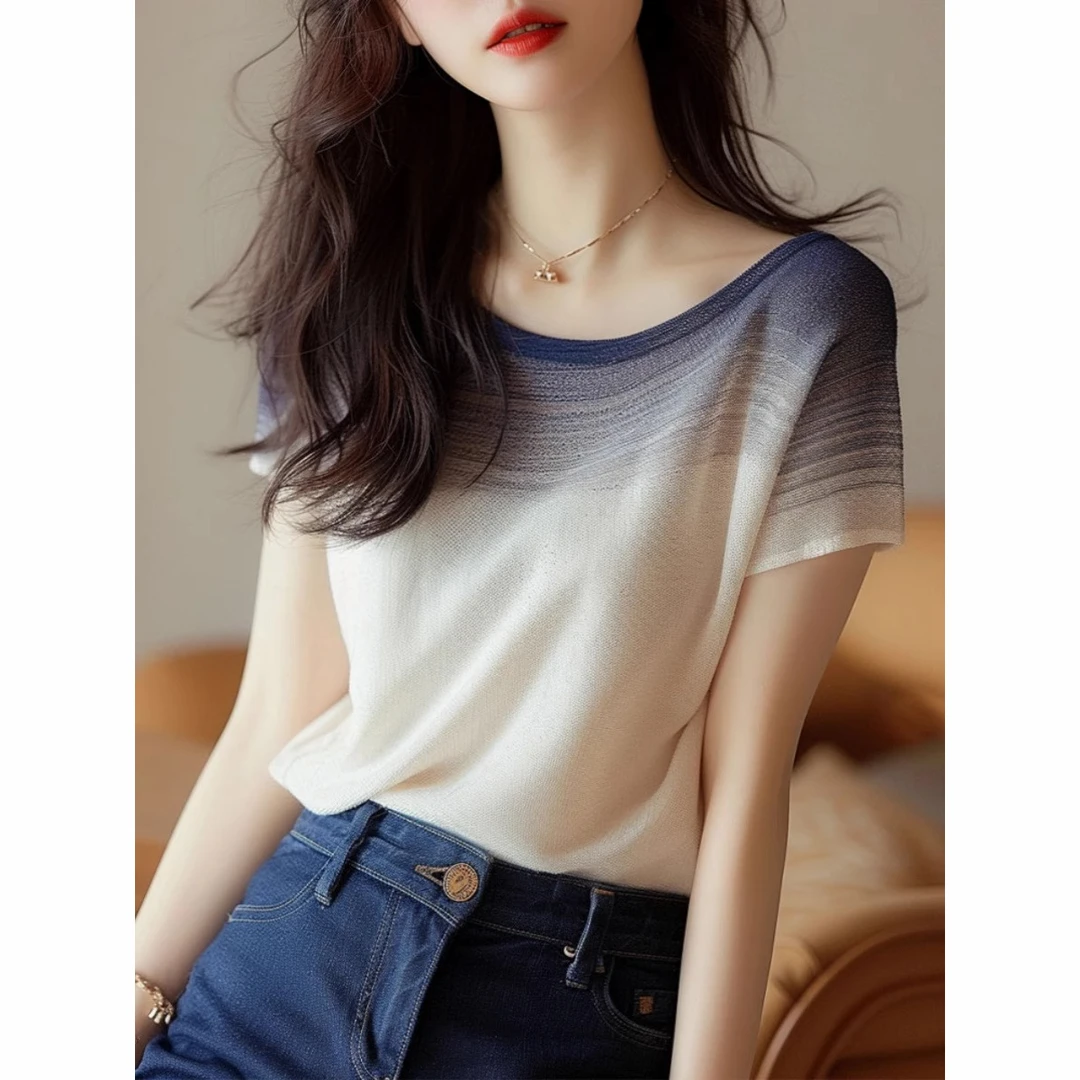 【现货闪发】别致绝美渐变色短袖T恤女高端洋气韩版显瘦气质针织衫