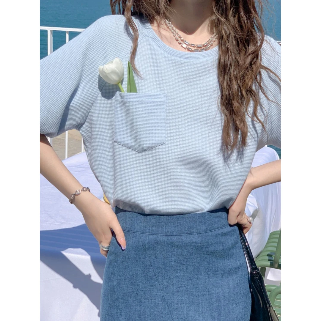 【现货直发】蓝色圆领宽松短袖T恤女小众设计感夏季独特别致小上衣