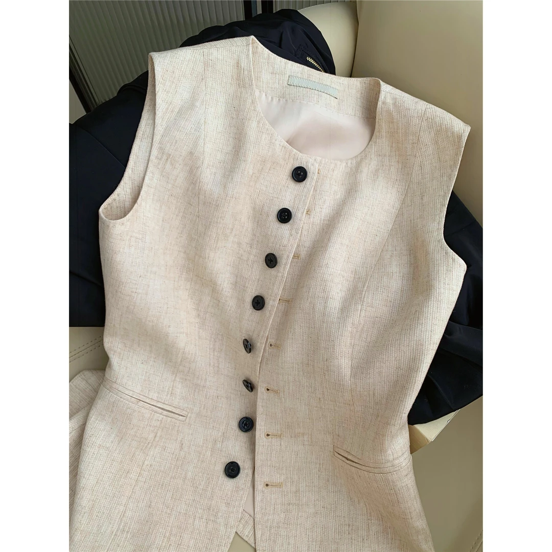 【下架】法式复古小众显瘦无袖马甲夏季小香风米色百搭背心收腰